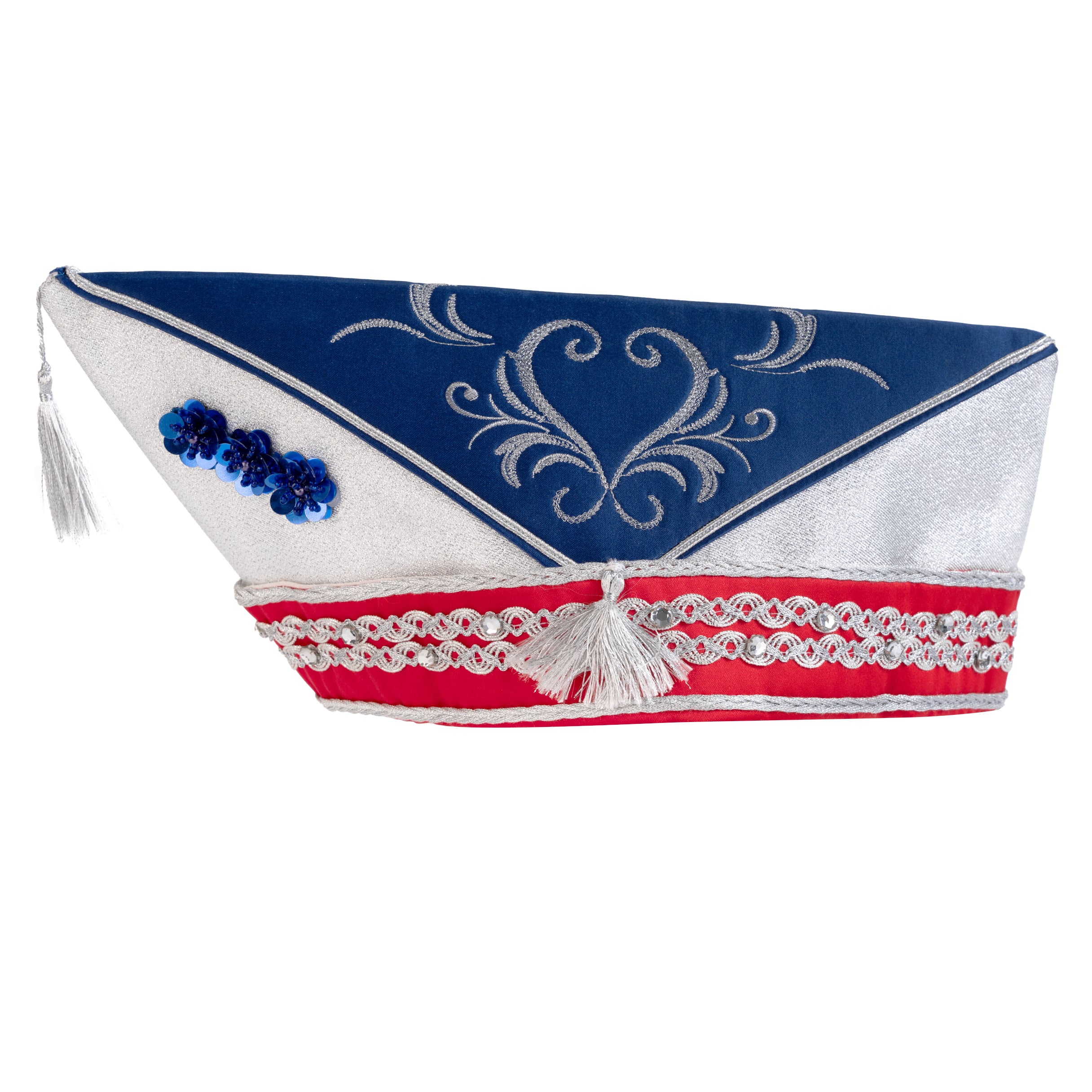 Blau-silbernes Karnevalsschiffchen mit rotem Einfass und barocker Stickerei
