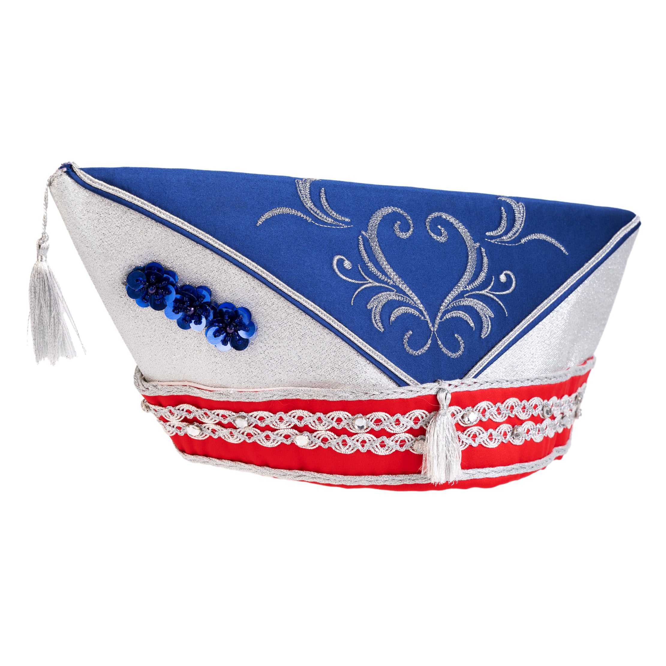 Blau-silbernes Karnevalsschiffchen mit rotem Einfass und barocker Stickerei