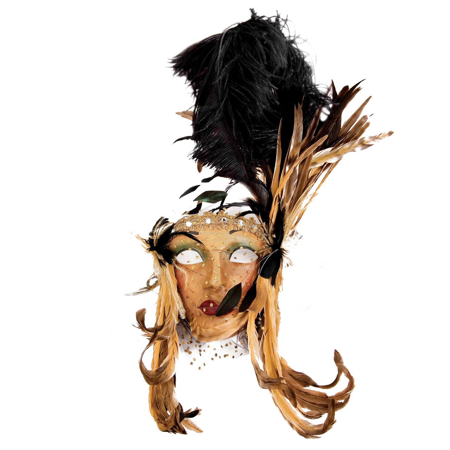 Lady Fiore con piume nera-miele - Venezianische Maske