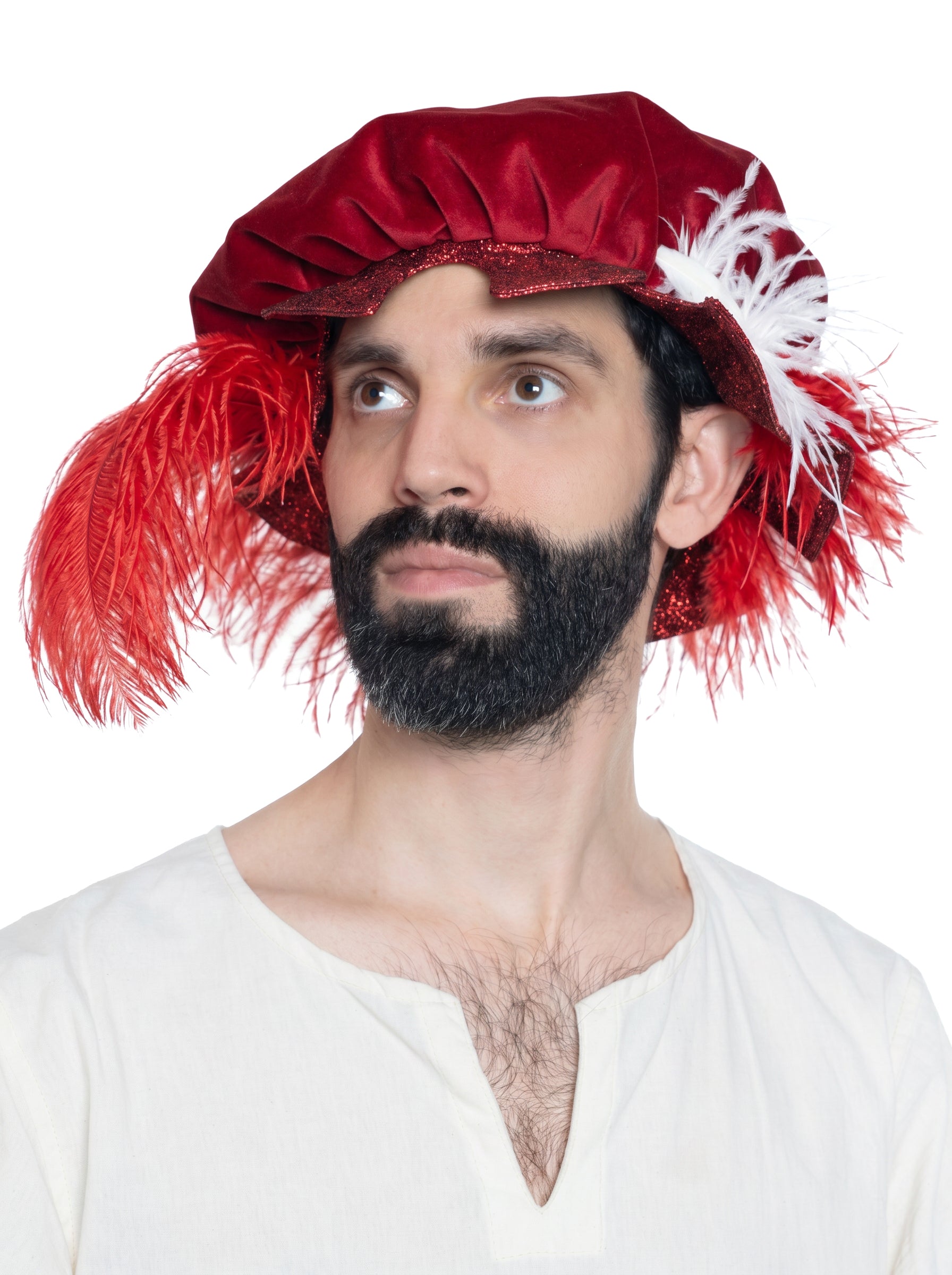 Renaissance Barett mit Zinnen-Krempe und Federn