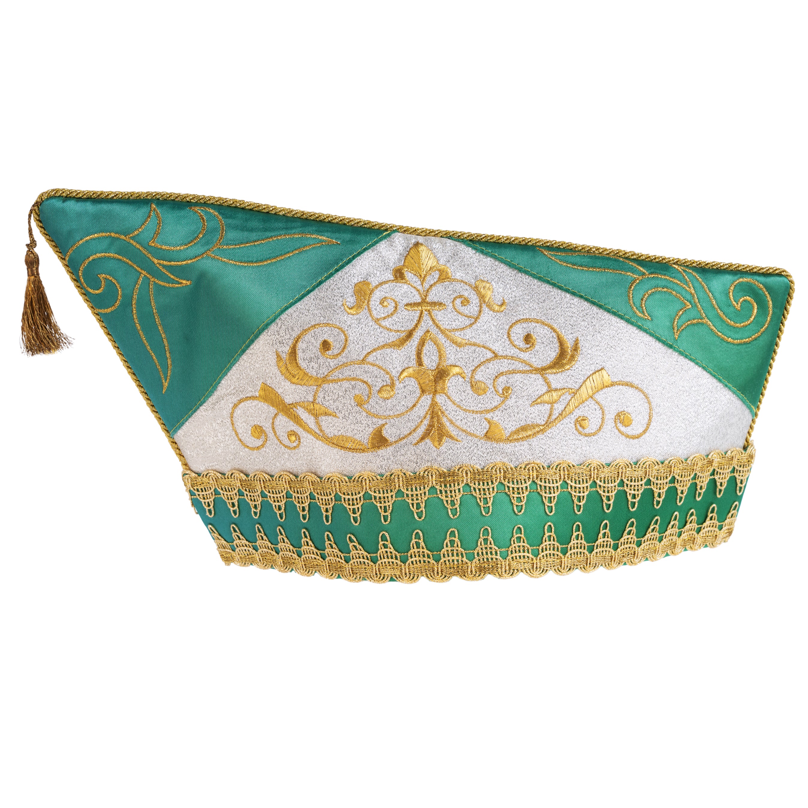 Grün-goldenes Schiffchen mit barocker Stickerei und altgoldener  Borte