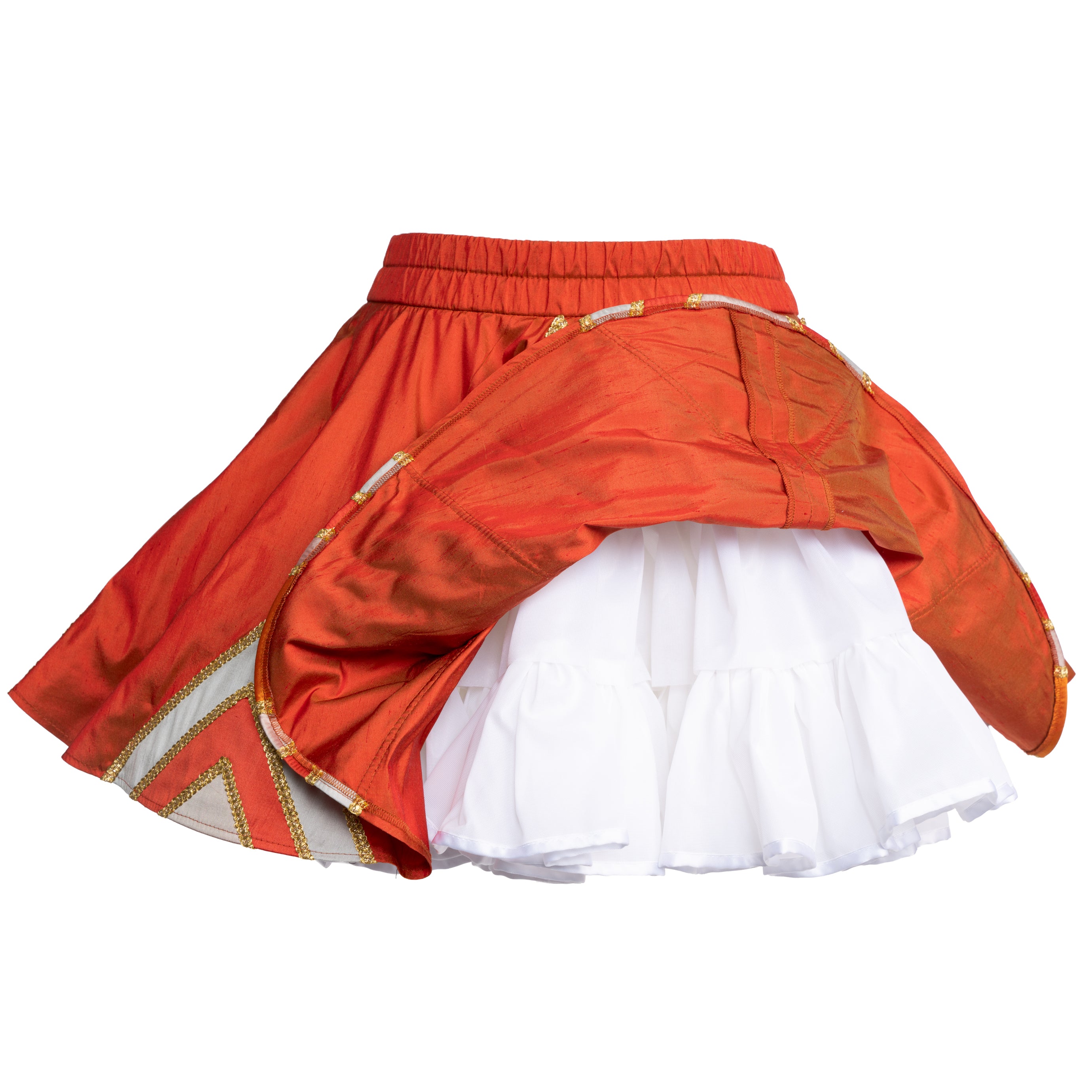 Garderock Orange aus Dupionseide mit heller Flammenzier