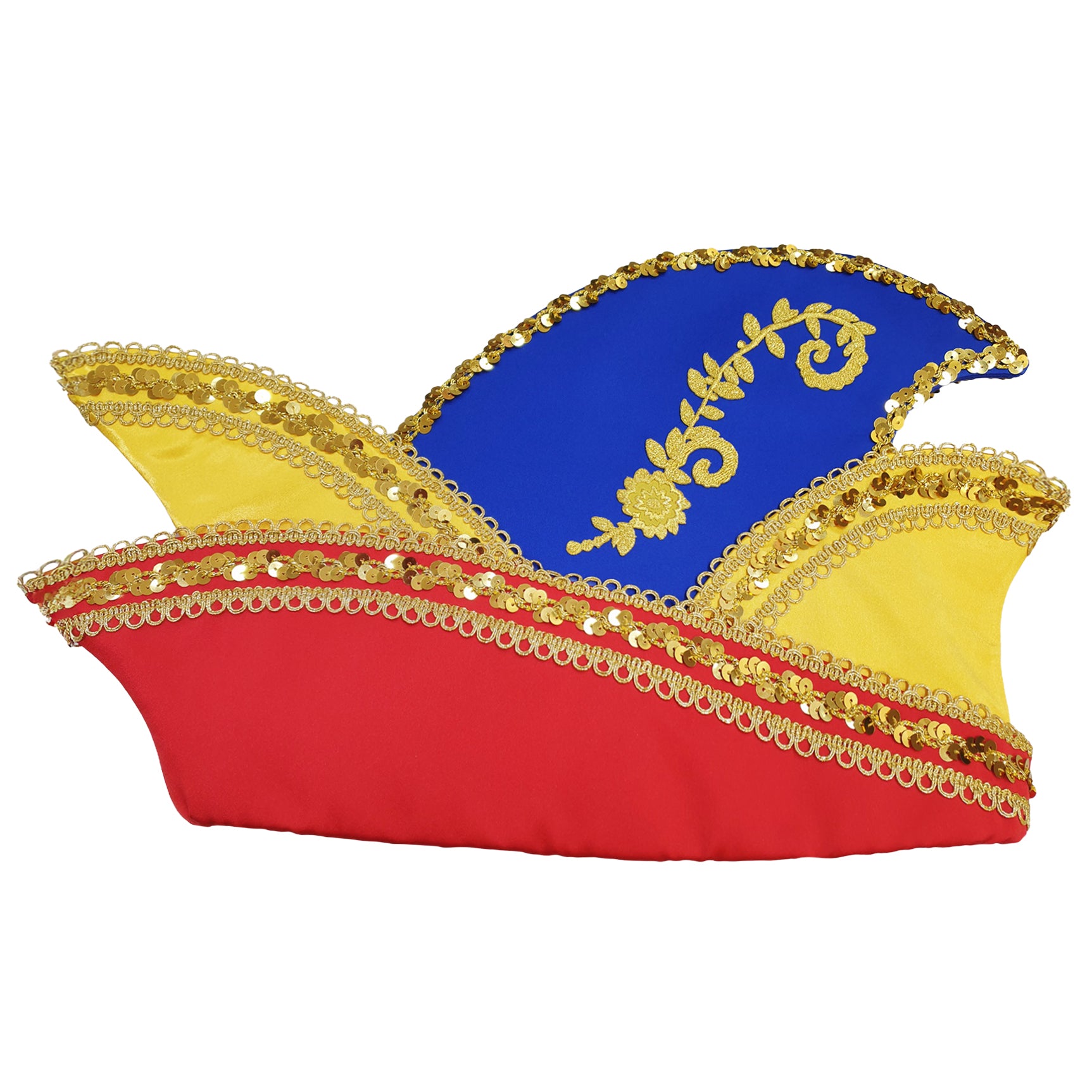 Komiteekappe rot, gelb und blau mit Goldpailettenborten und floraler Stickerei