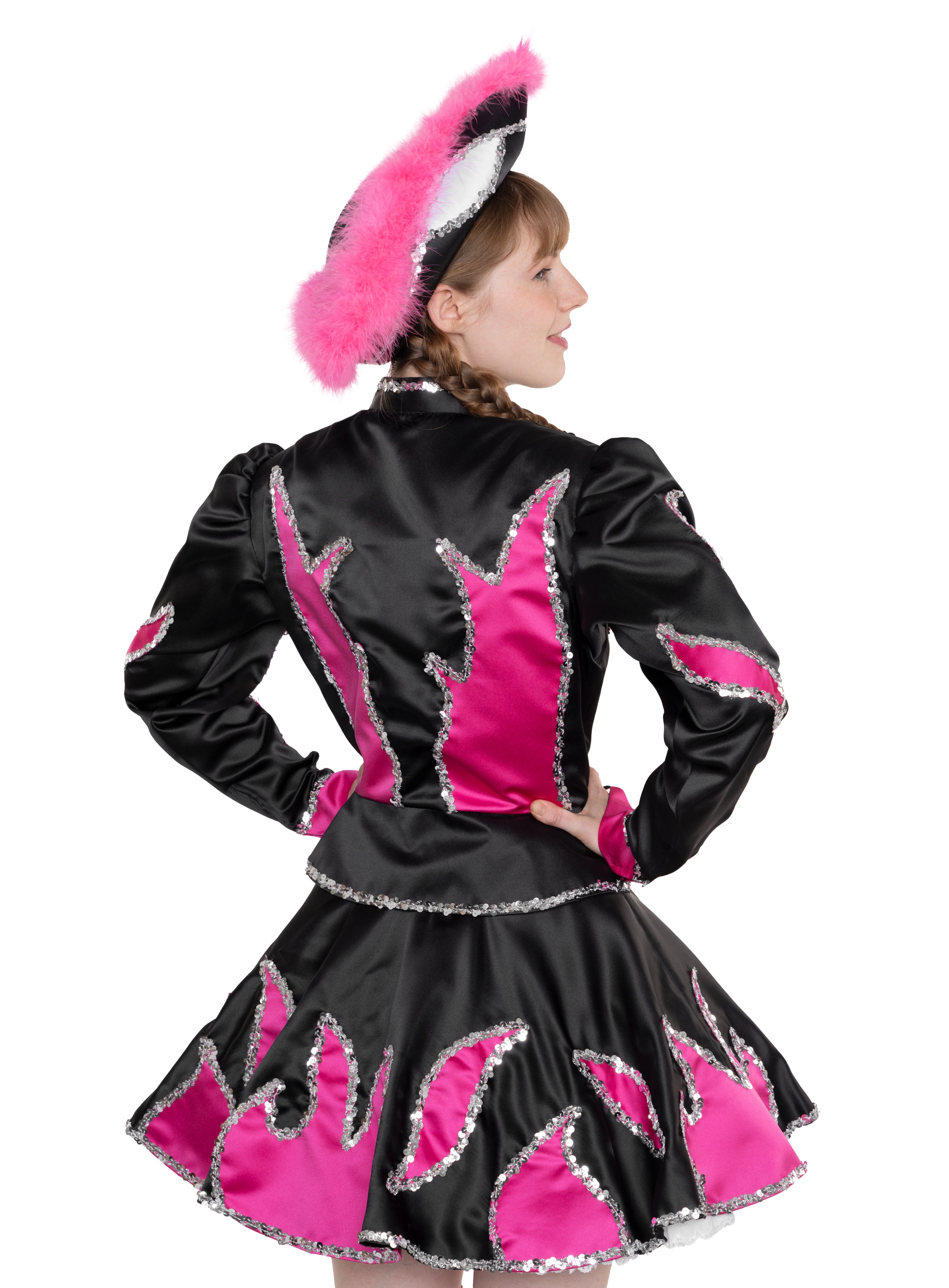 Gardekleid in schwarz mit rosa Flammen und Silberpailettenborte