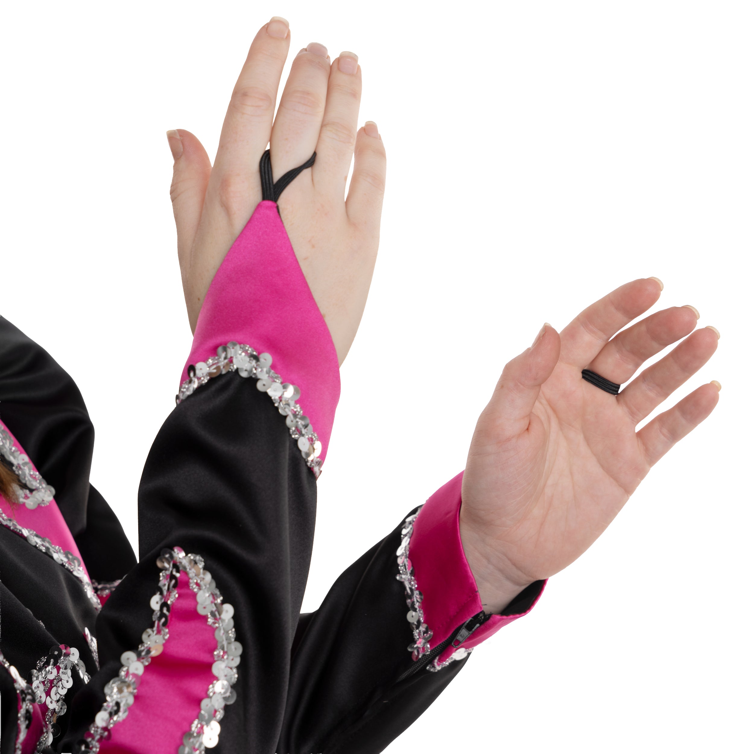 Gardekleid in schwarz mit rosa Flammen und Silberpailettenborte