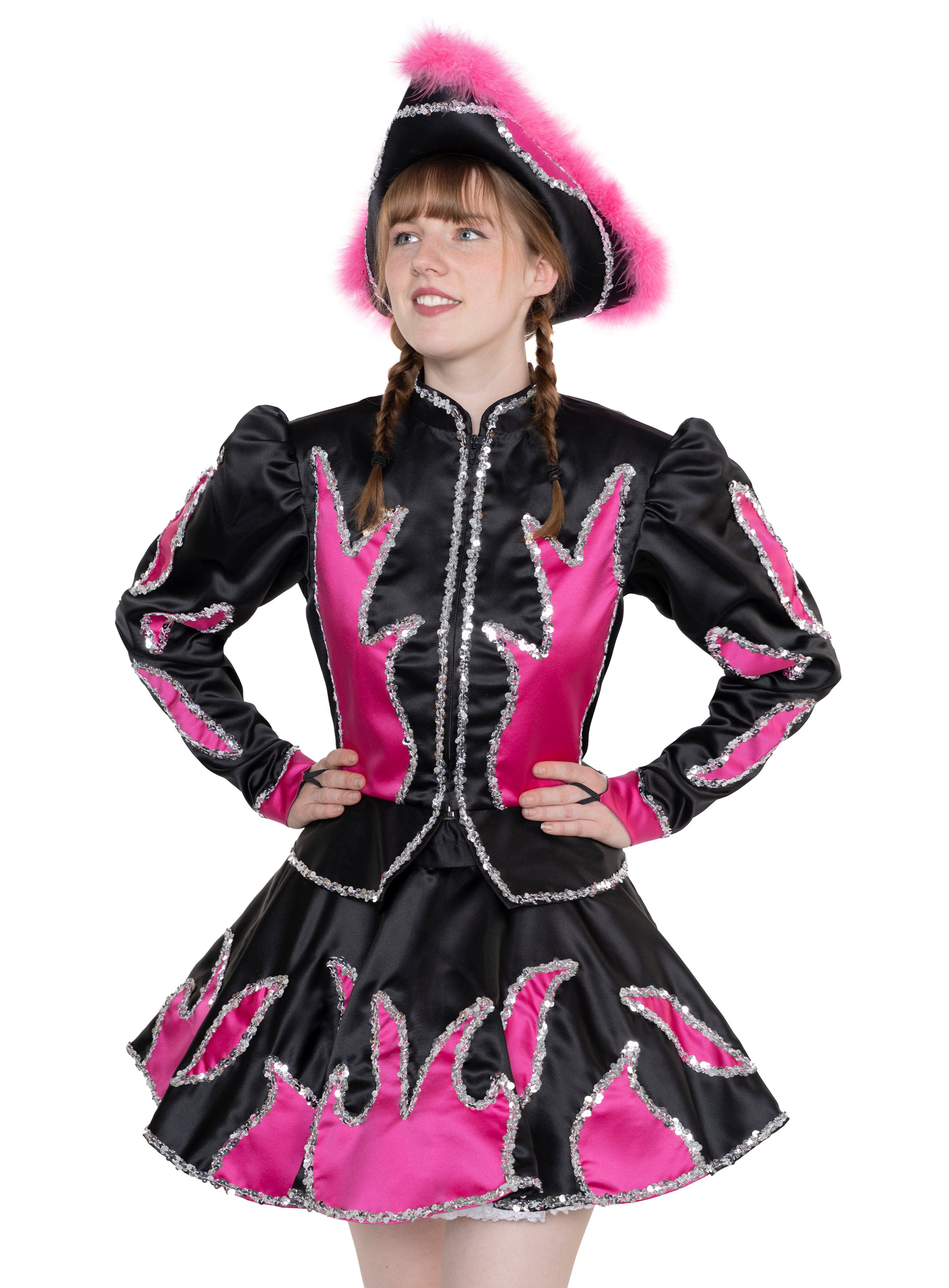 Gardekleid in schwarz mit rosa Flammen und Silberpailettenborte