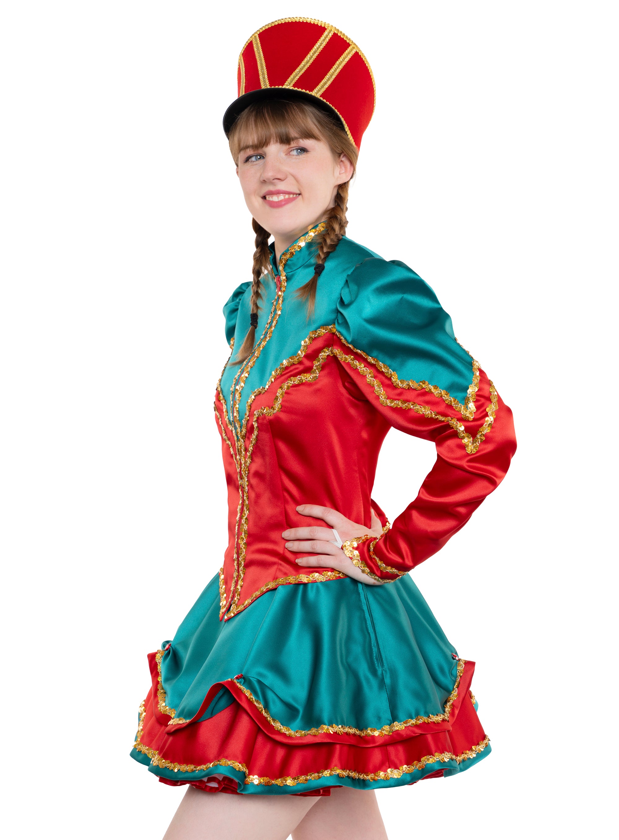 Gardekleid in grün/rot mit goldener Paillettenborte