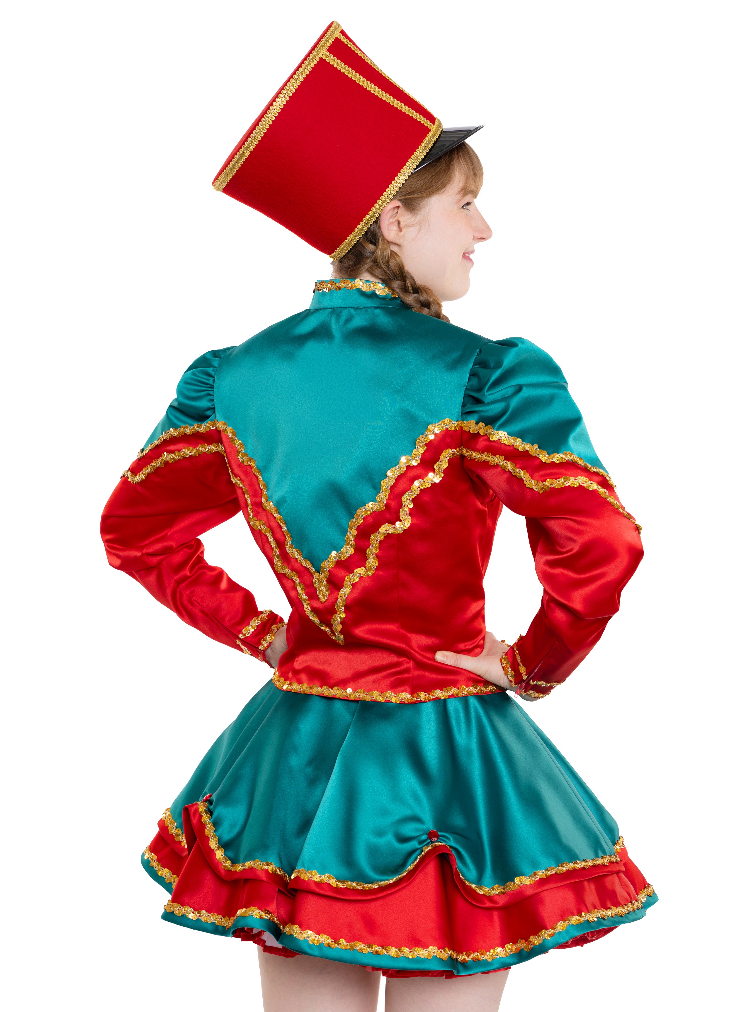 Gardekleid in grün/rot mit goldener Paillettenborte