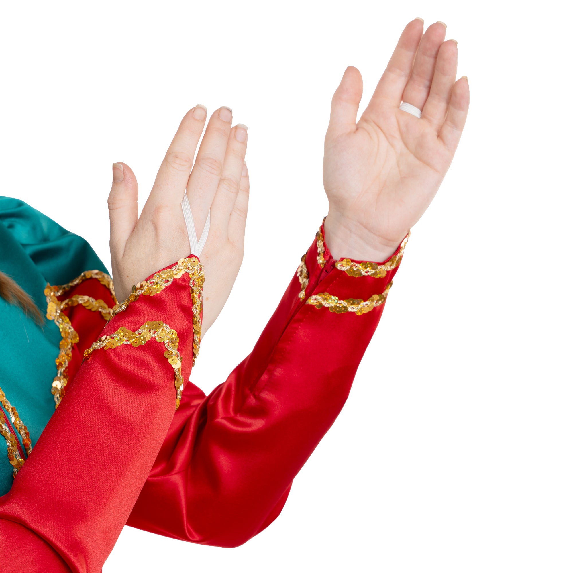 Gardekleid in grün/rot mit goldener Paillettenborte