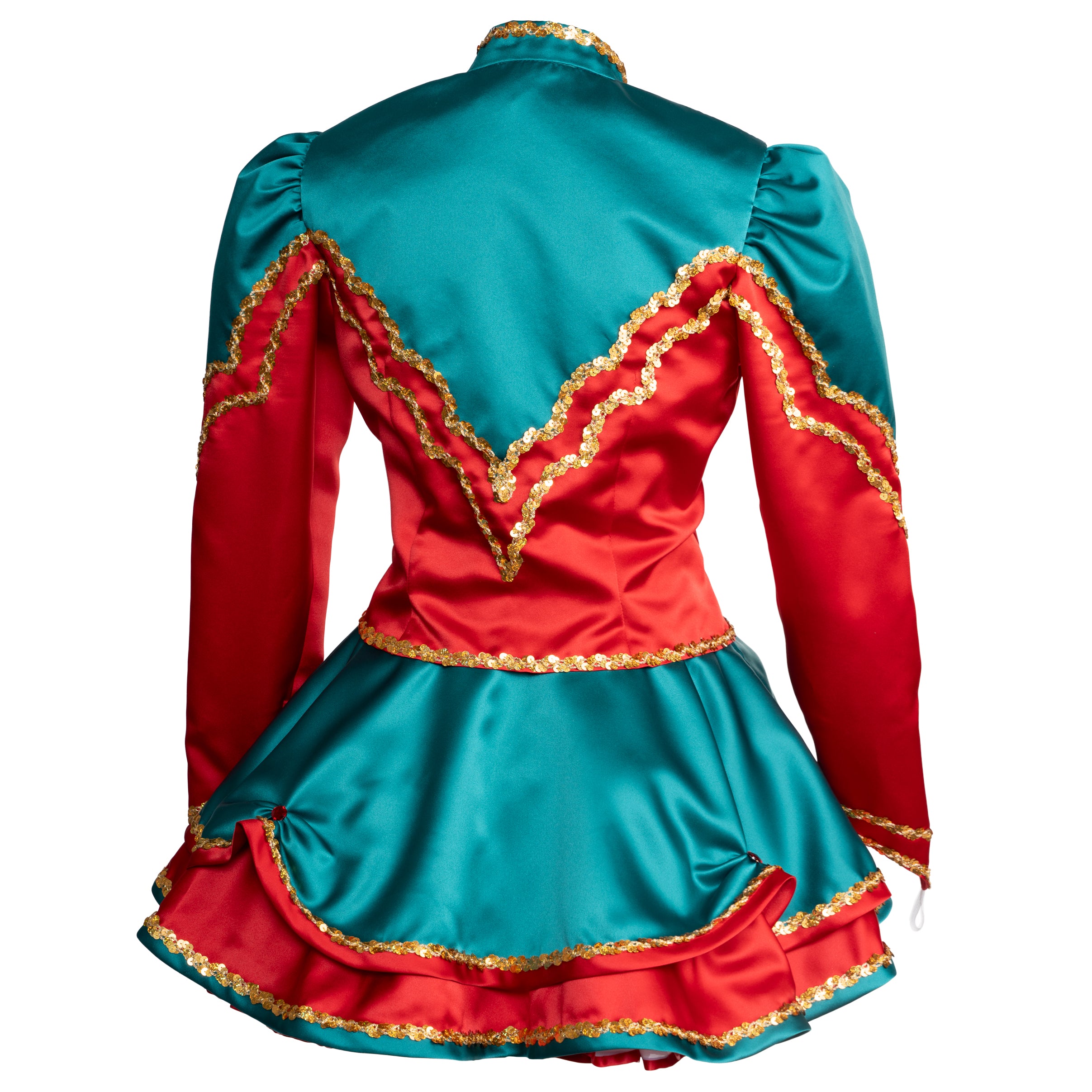 Gardekleid in grün/rot mit goldener Paillettenborte