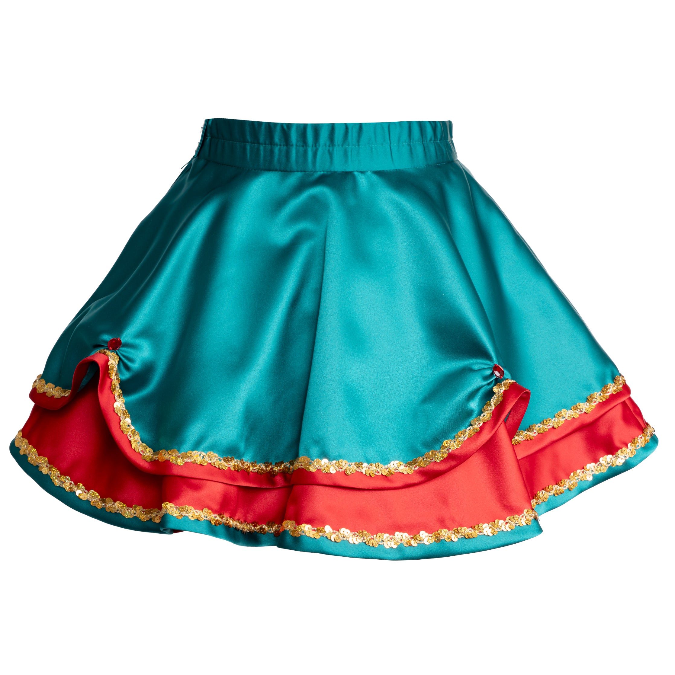 Gardekleid in grün/rot mit goldener Paillettenborte