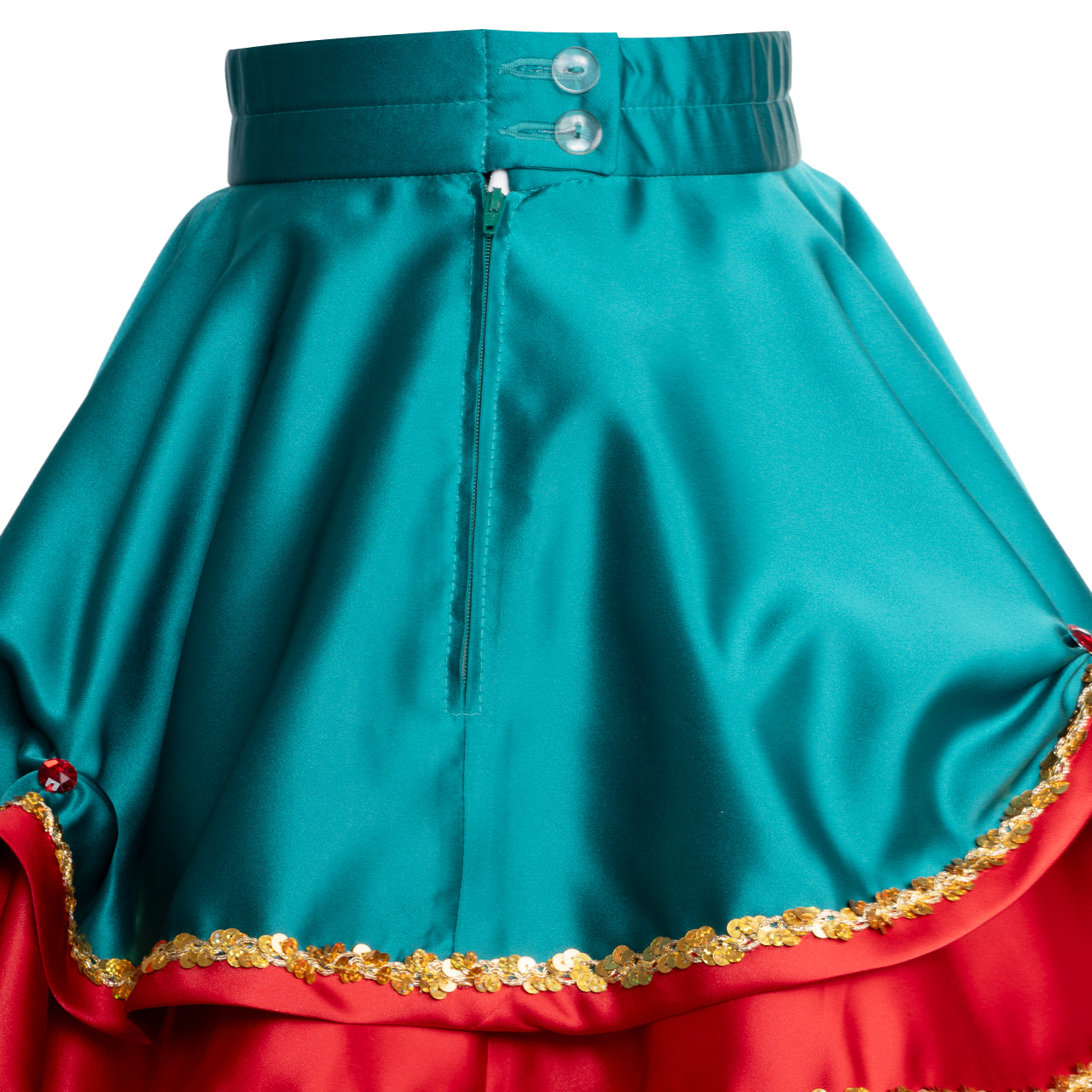 Gardekleid in grün/rot mit goldener Paillettenborte