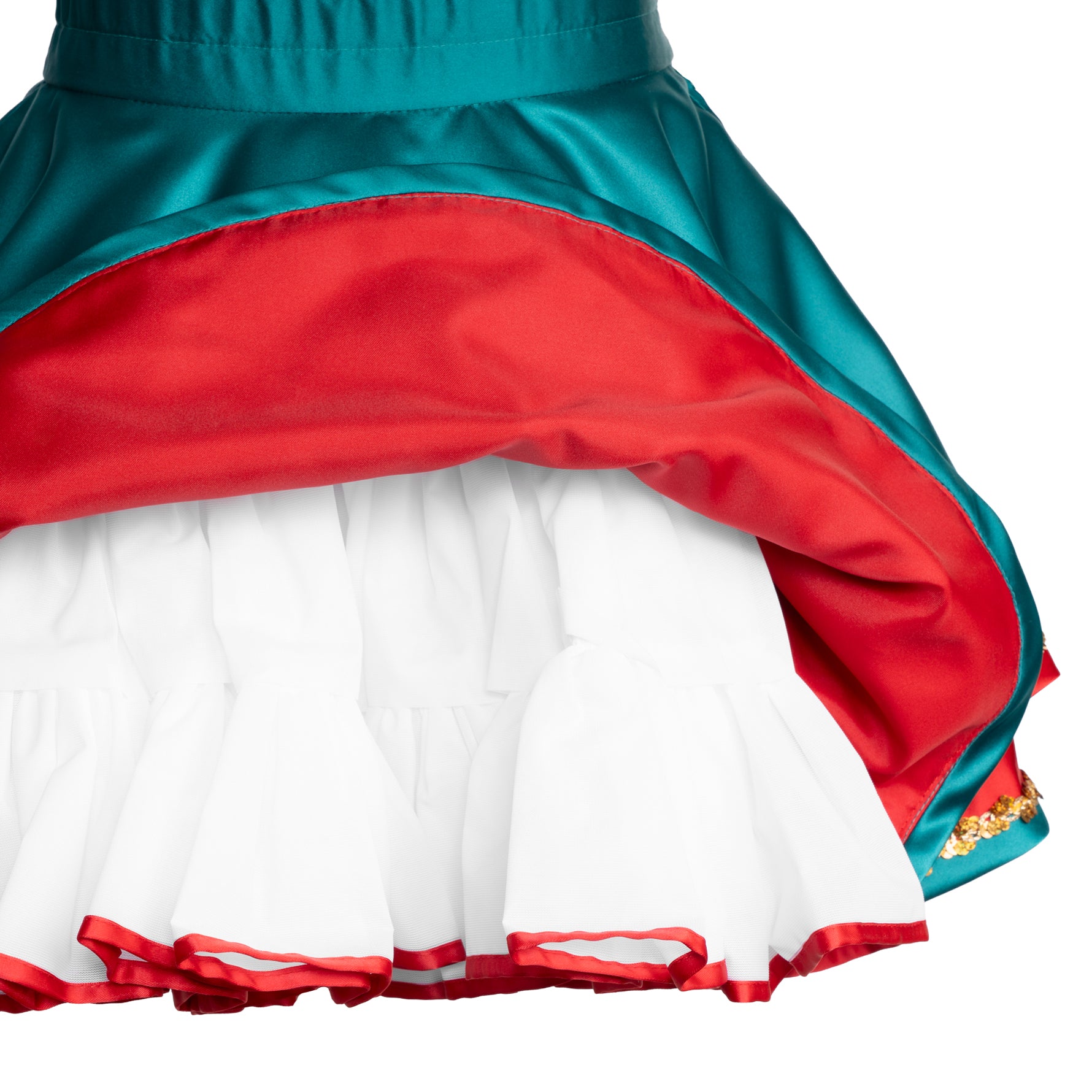 Gardekleid in grün/rot mit goldener Paillettenborte