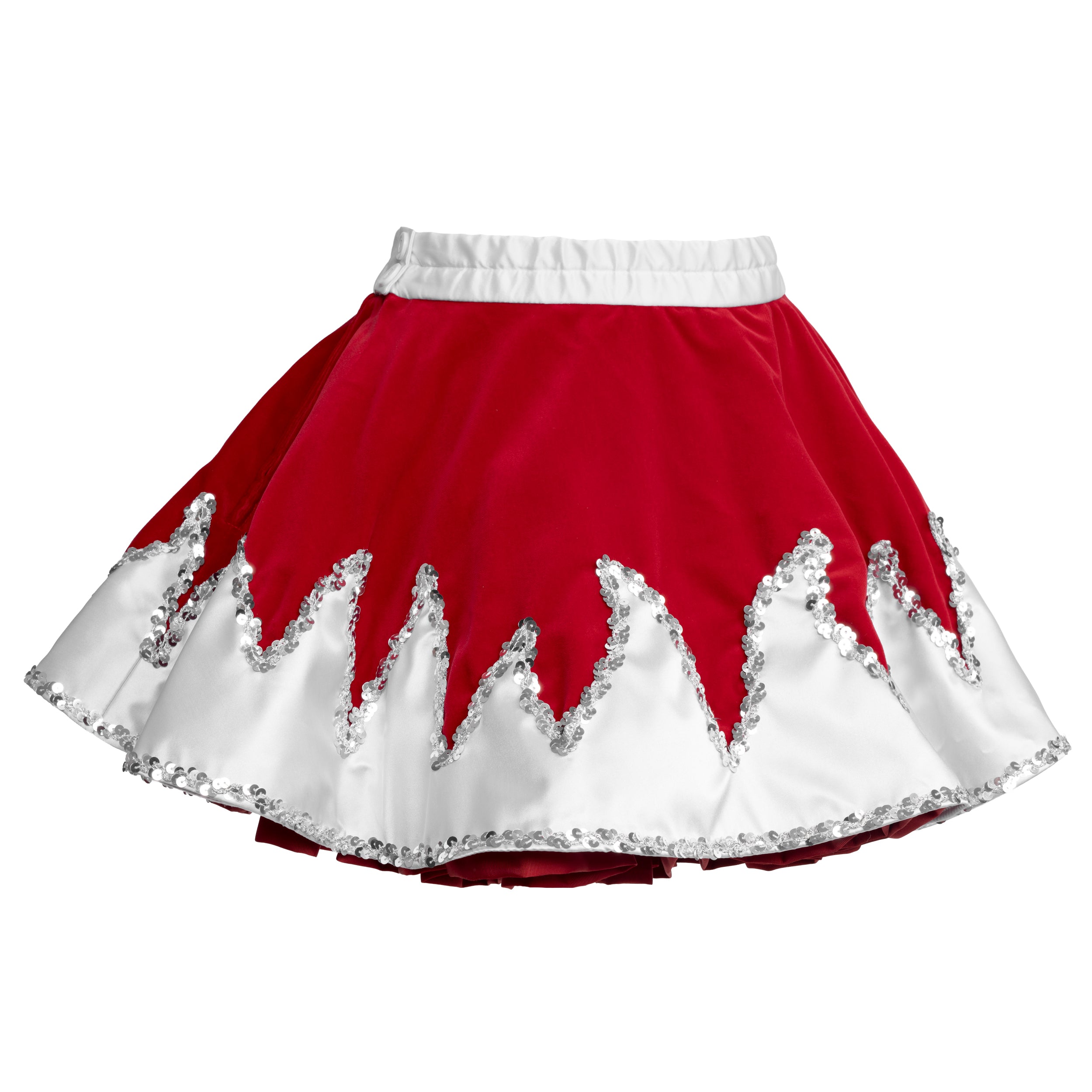 Gardekleid in Rotweiß mit Flammenmuster und Silberpailettenborte