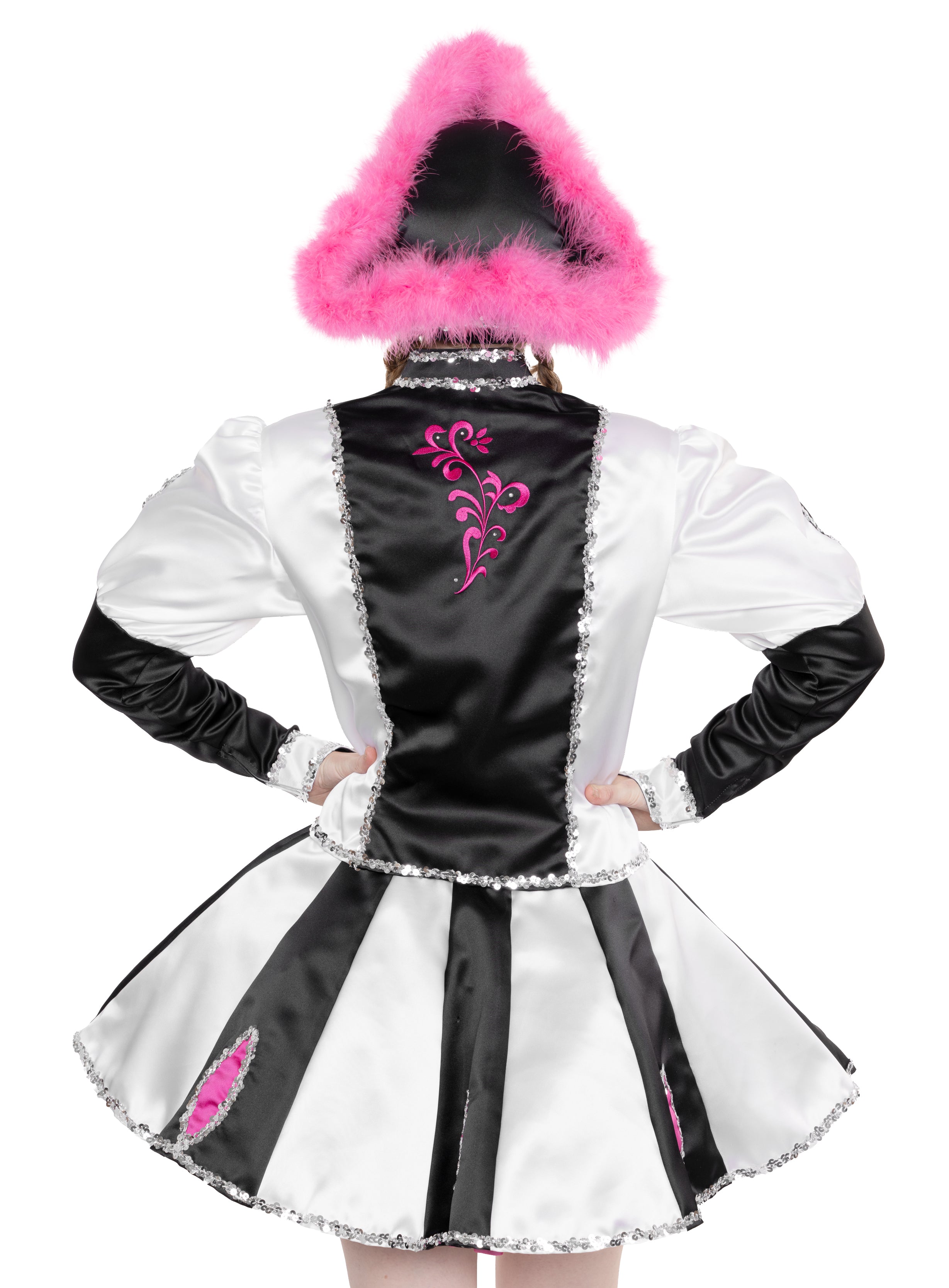 Gardekleid in Schwarzweiß mit rosa Blumenmotiven