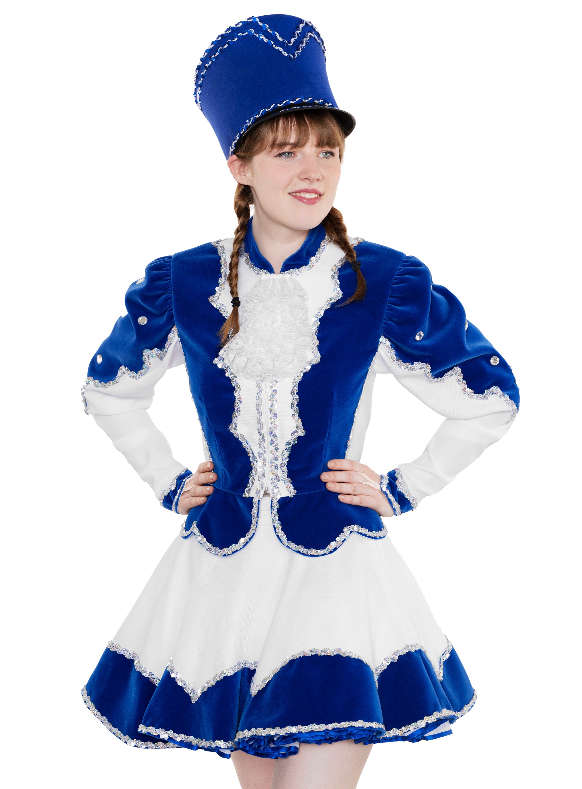 Gardekleid aus Samt - weiß blau mit Paillettenborte, Jabot und Flügelbestickung