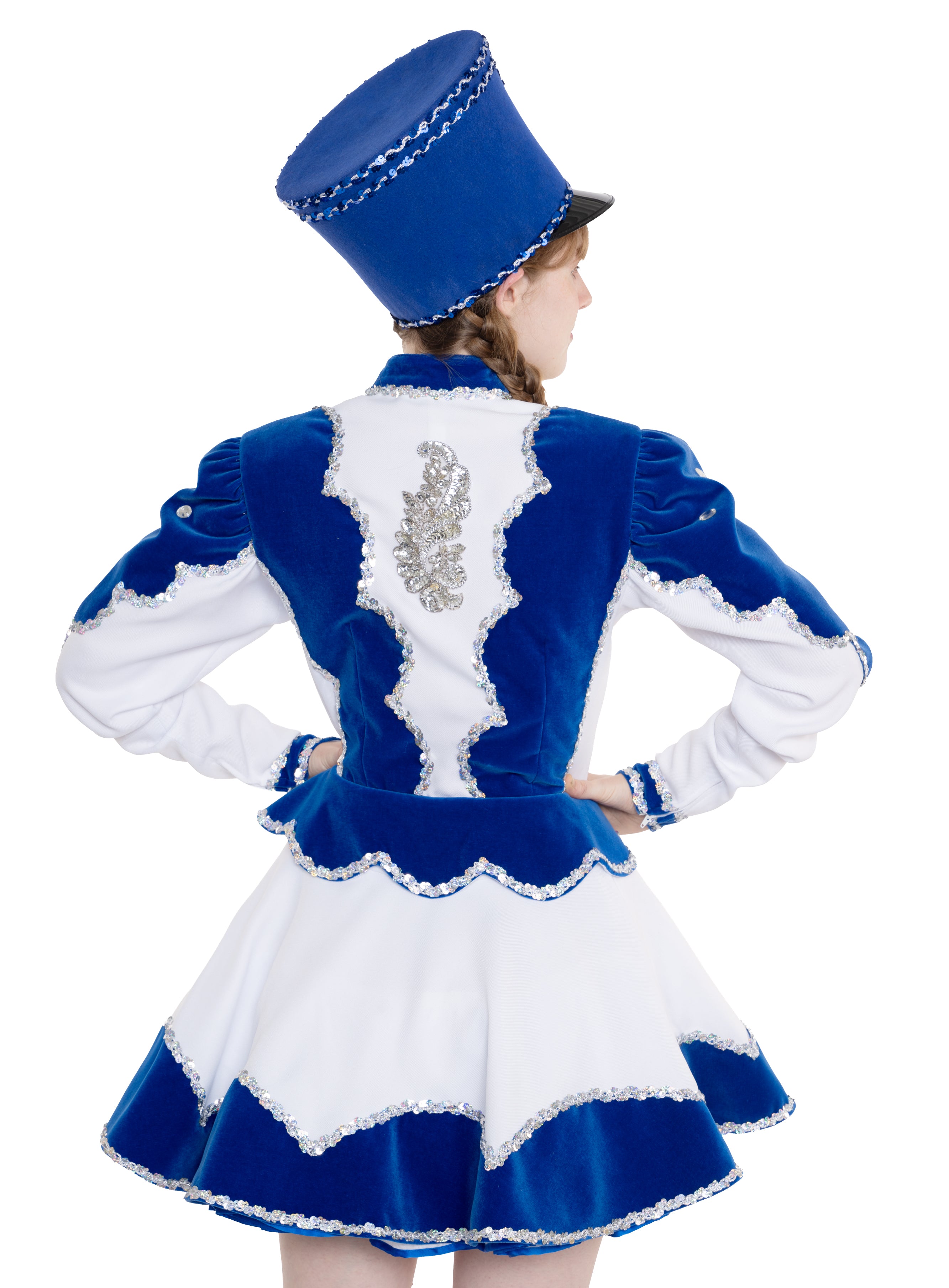 Gardekleid aus Samt - weiß blau mit Paillettenborte, Jabot und Flügelbestickung