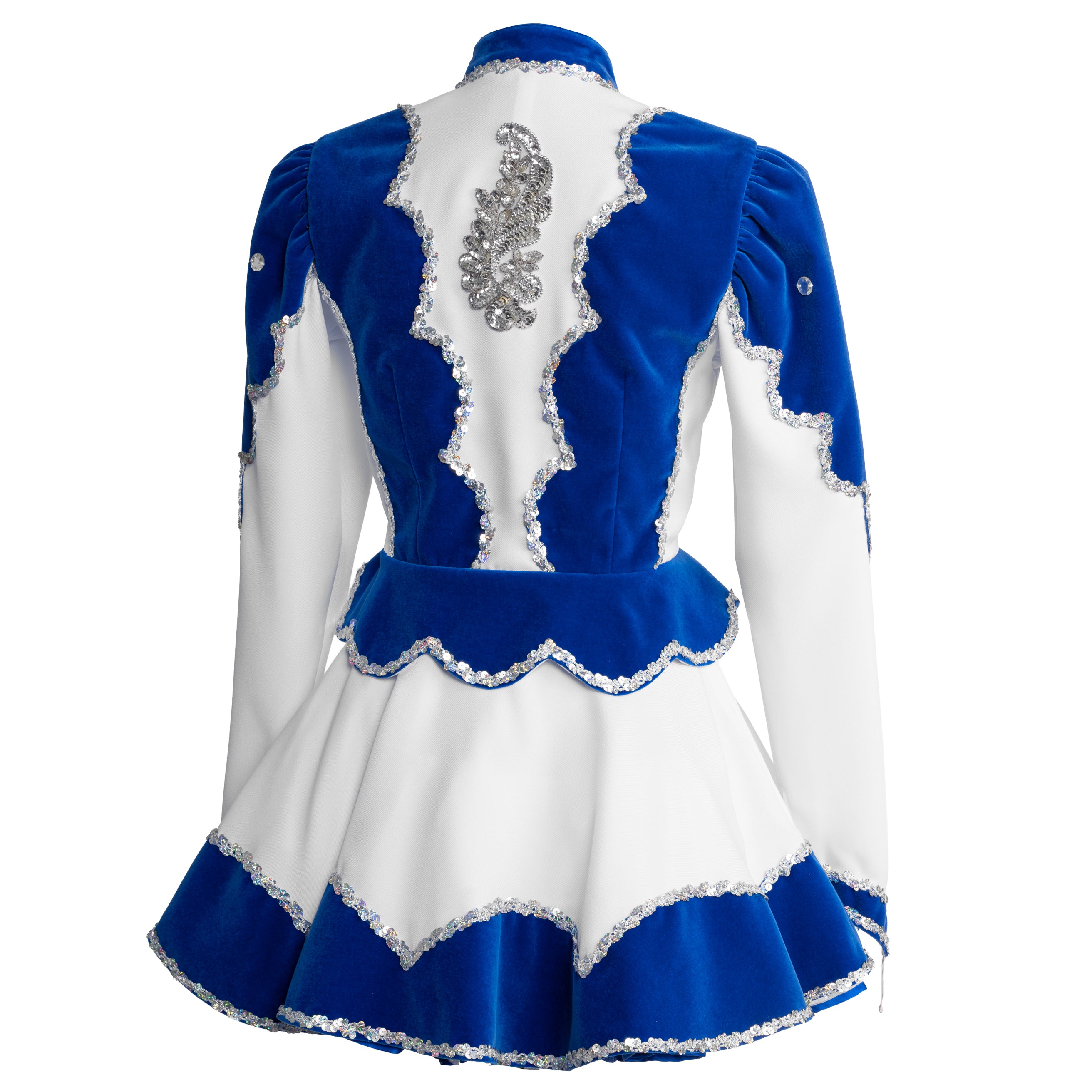 Gardekleid aus Samt - weiß blau mit Paillettenborte, Jabot und Flügelbestickung