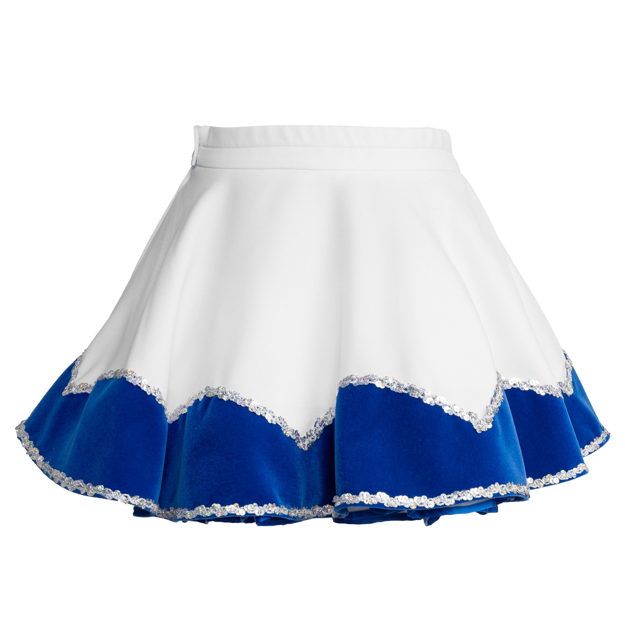 Gardekleid aus Samt - weiß blau mit Paillettenborte, Jabot und Flügelbestickung