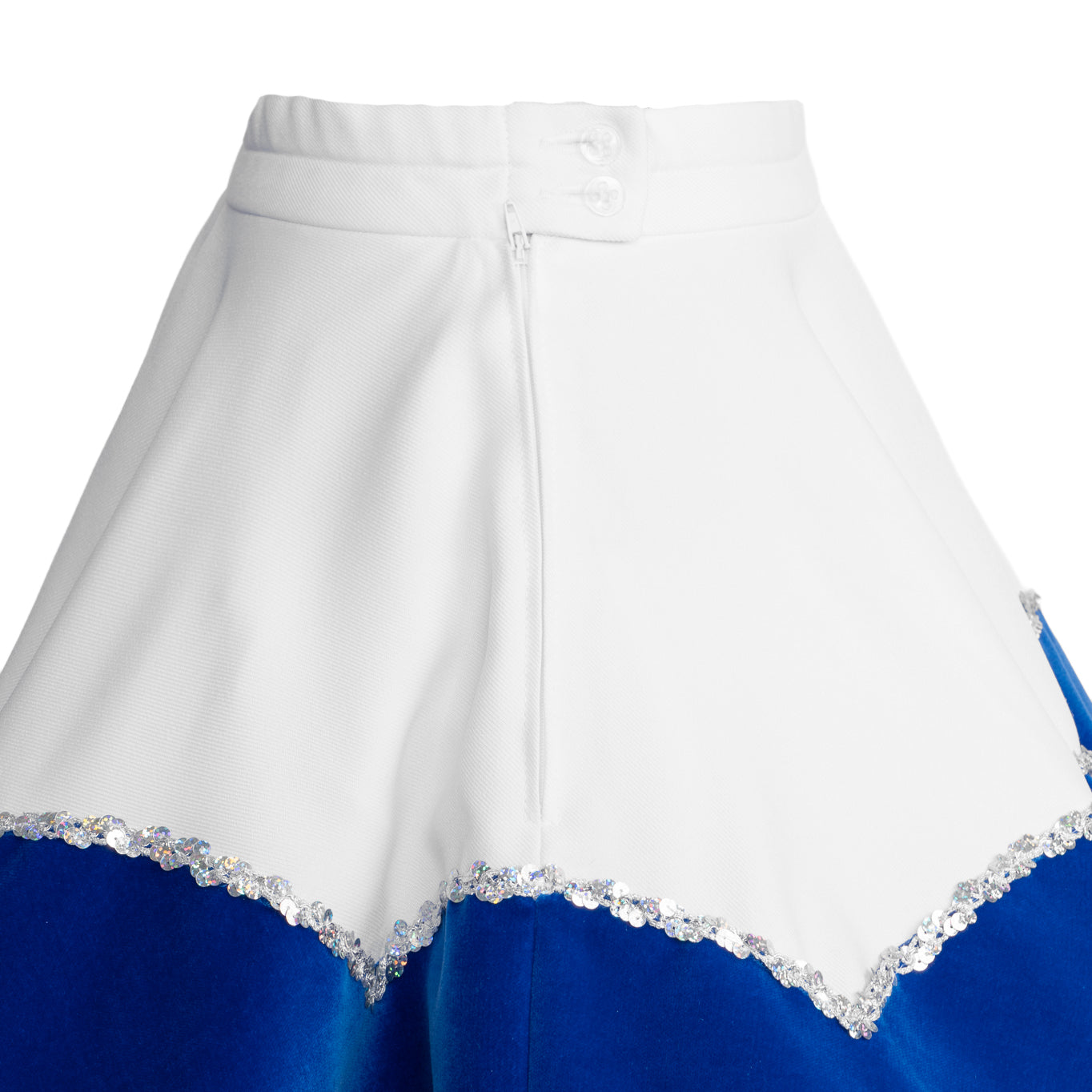 Gardekleid aus Samt - weiß blau mit Paillettenborte, Jabot und Flügelbestickung