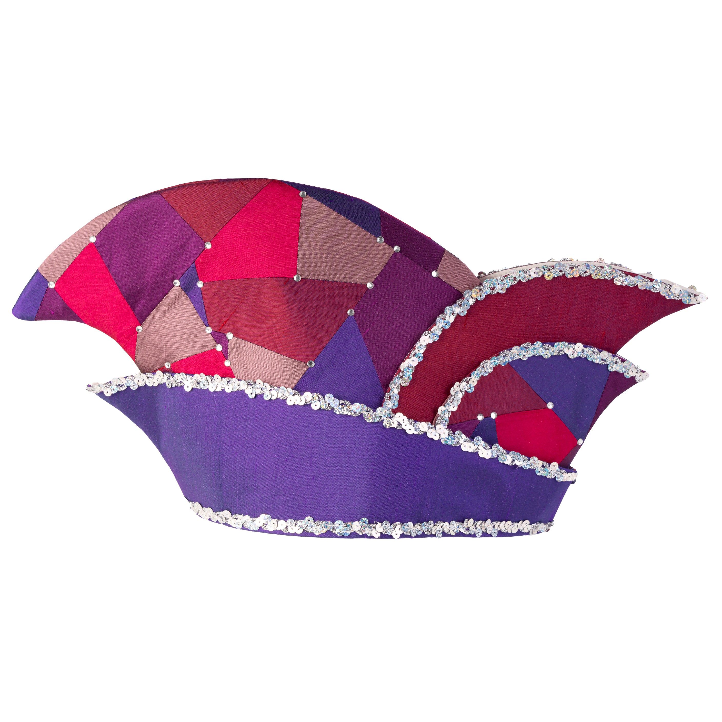 Aufwändige Komiteekappe im Patchworkstyle aus echter Seide in pudrigen Magenta- und Lila Tönen