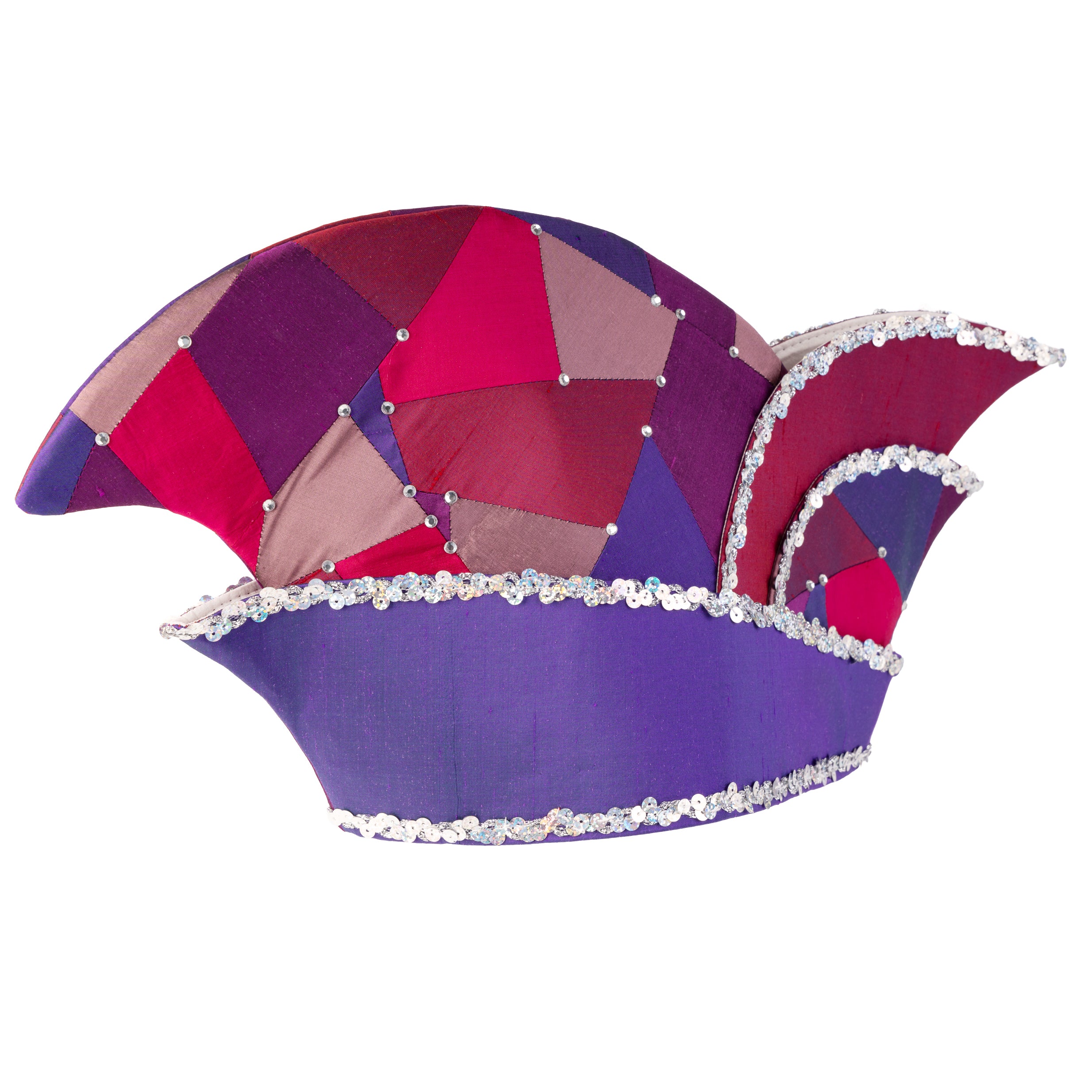 Aufwändige Komiteekappe im Patchworkstyle aus echter Seide in pudrigen Magenta- und Lila Tönen