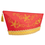 Rotes Karnevalsschiffchen mit goldenem Einfass und floraler Goldstickerei