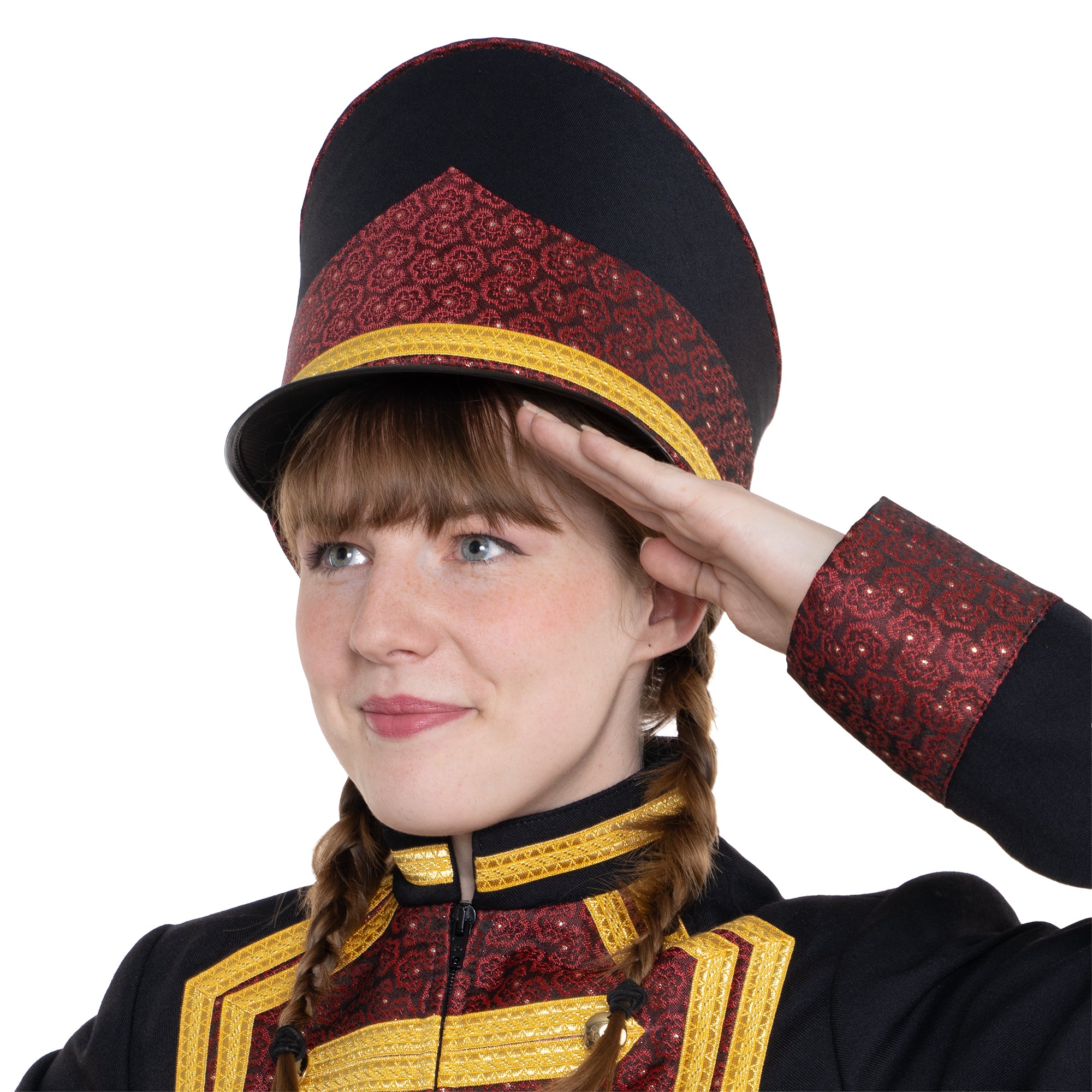 Gardetschako für Damen - Schwarz mit floralem Bordeauxstoffbezug und Goldkrempe